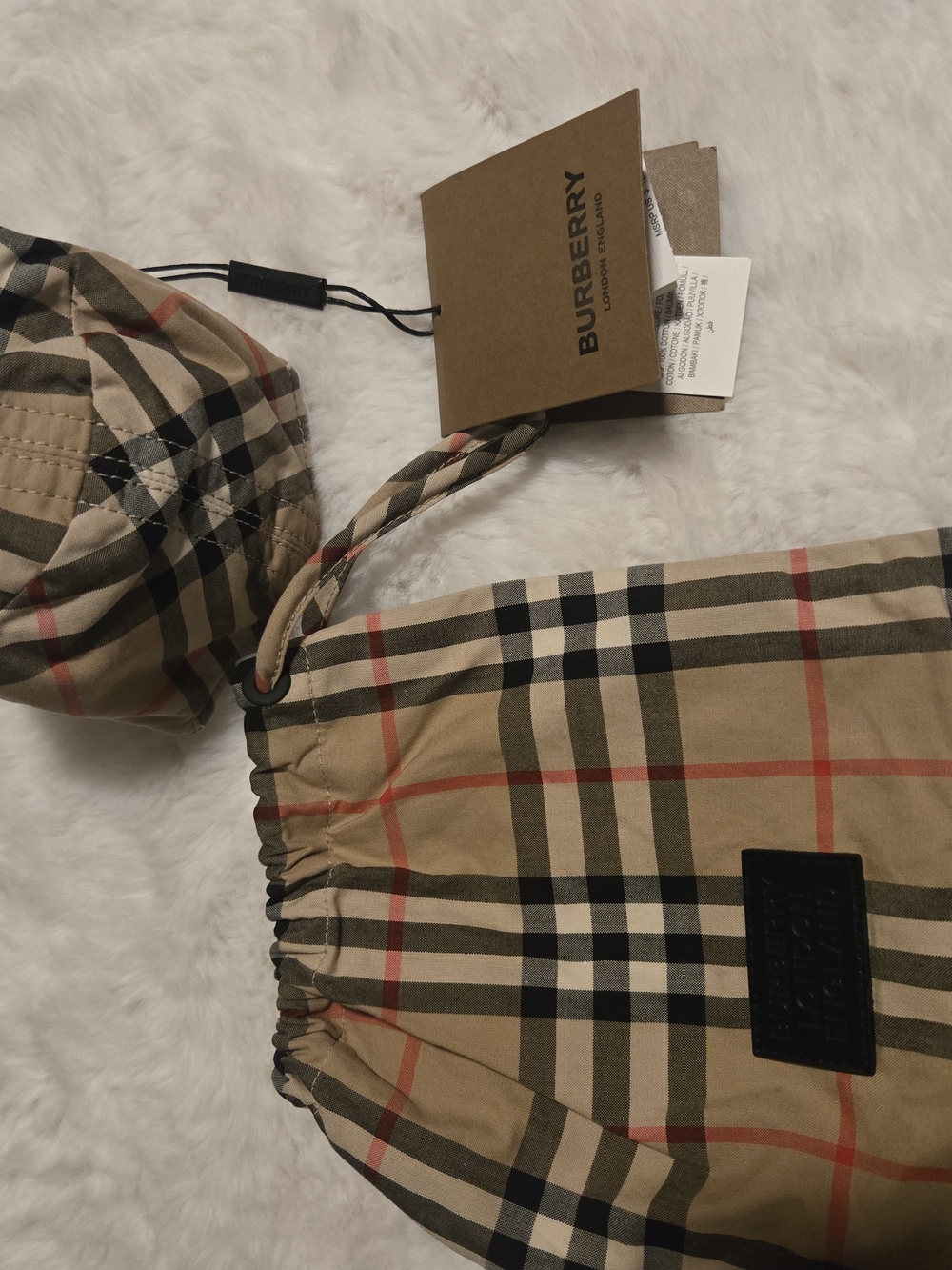 Burberry Beige Face Mask Check Drawstring Pouch with Tag